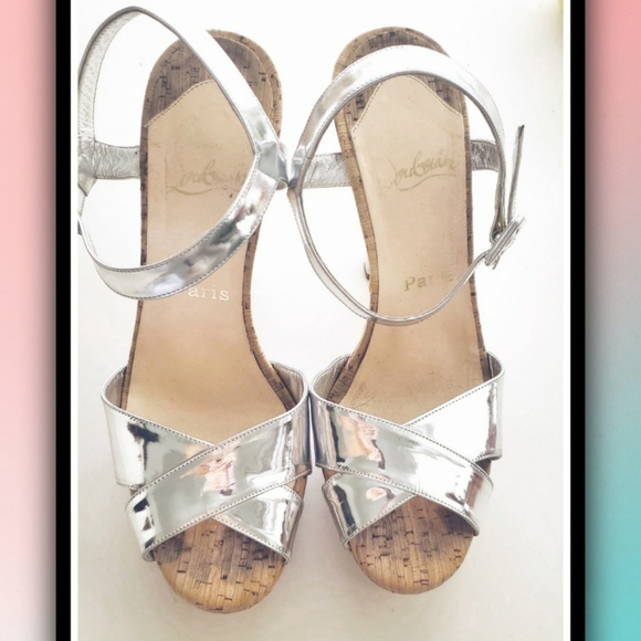 LOUBOUTIN Strappy Silver Cork Heels - Picture 4 of 9